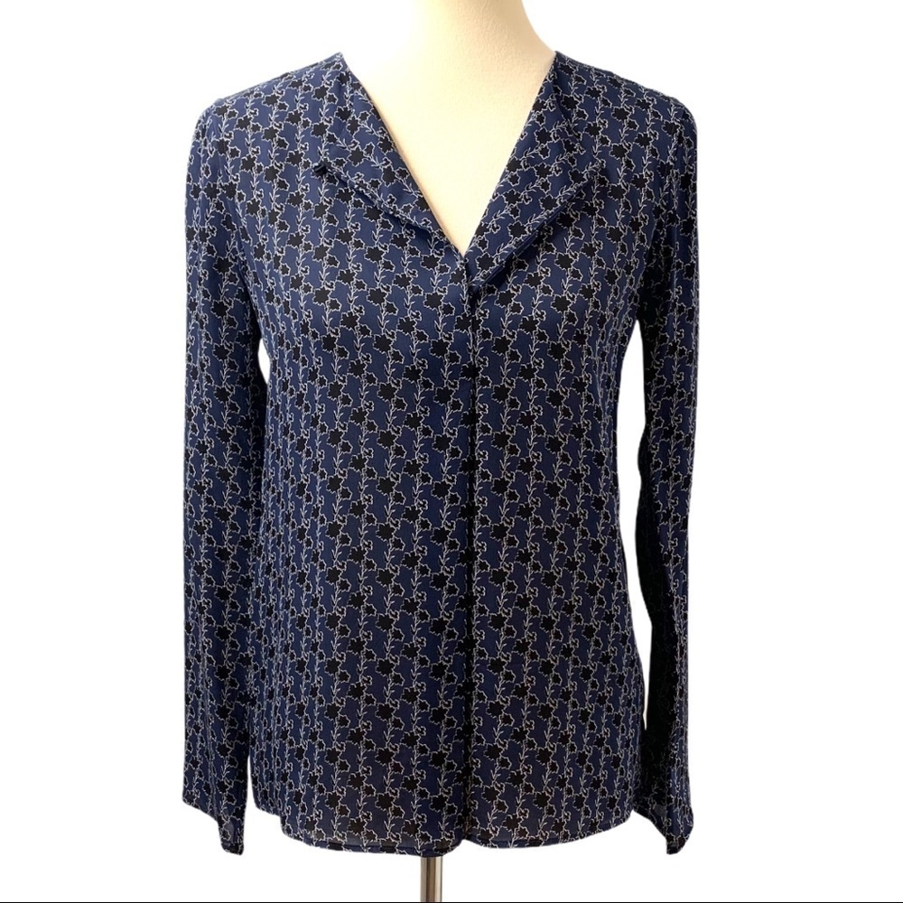 Theory Silk Split Neck Print Popover Long Sleeve Career Business Top Small - Picture 1 of 11